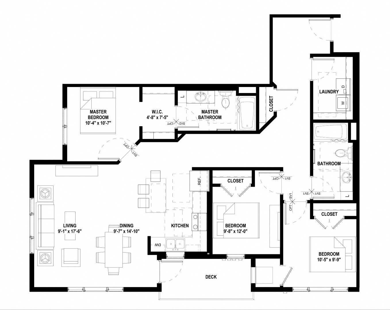 Floor plan for 3 beds, 2 baths, 1384 sqft